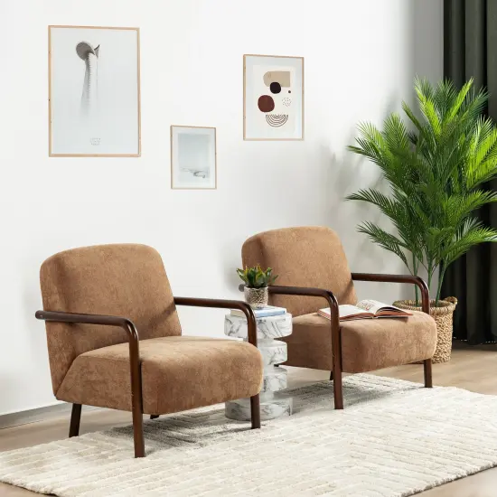Mid-Century Modern Brown Fabric Thick Armchair with Walnut Rubberwood Frame {1}