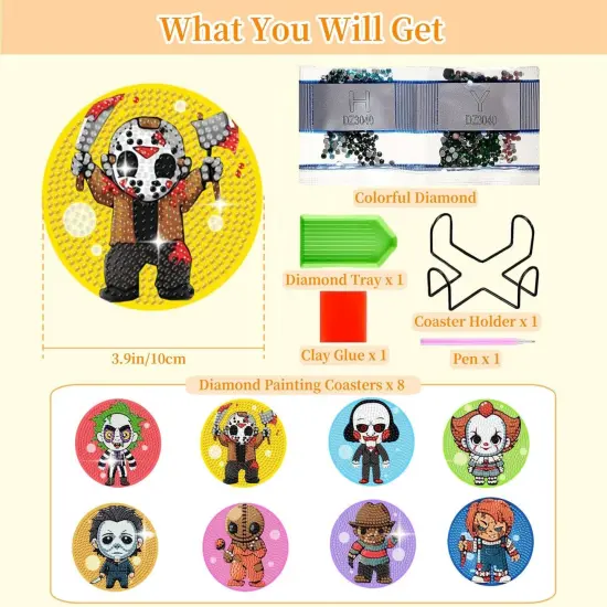 8 PCS Halloween Diamond Art Coasters Kit-Horror Diamond Painting Coasters {2}