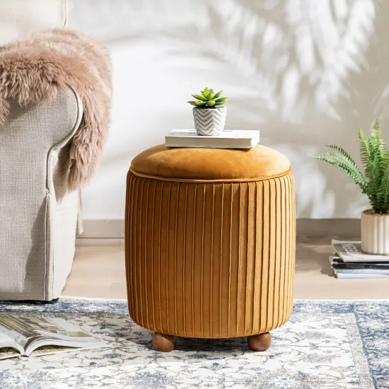 Modern Dusty Pleated Velvet Upholstered Storage Ottoman or Accent Stool with Rubberwood Ball Feet Brown {3}
