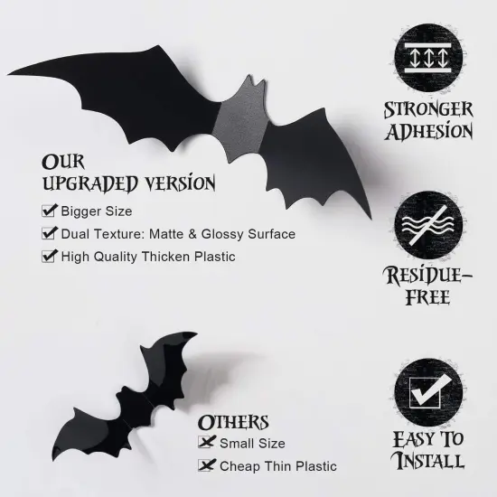 60PCS Halloween Bats Decoration, 4 Different Sizes Realistic PVC Black 3D {3}