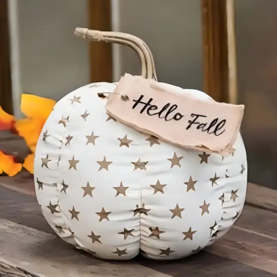 White Fabric Stuffed Pumpkin with Gold Star Pattern and Hello Fall Burlap Tag {2}