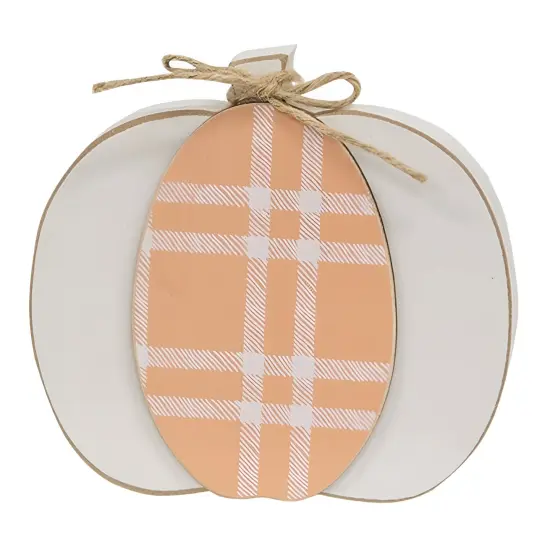 Cream & Orange Plaid Wooden Pumpkin Sitter 2 Asstd. {2}
