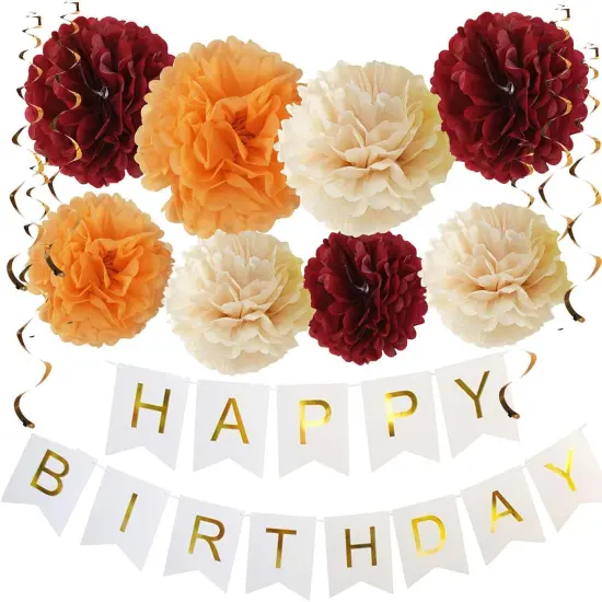 Fall Party Decorations - Burgundy Champagne Orange Tissue Pom Pom Banner {2}