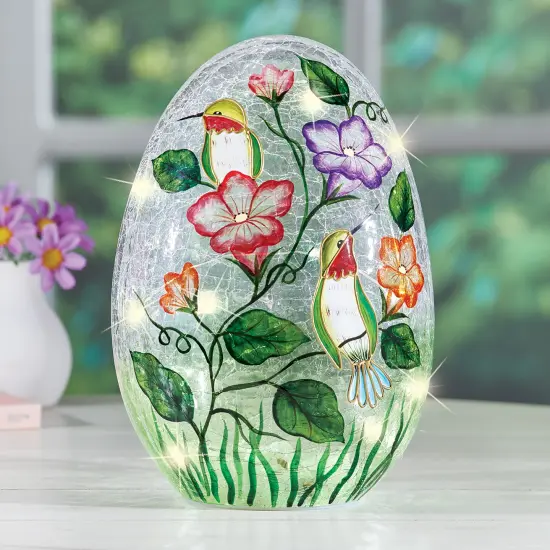 Collections Etc LED Lighted Hummingbird Floral Crackled Glass Egg Decoration {1}