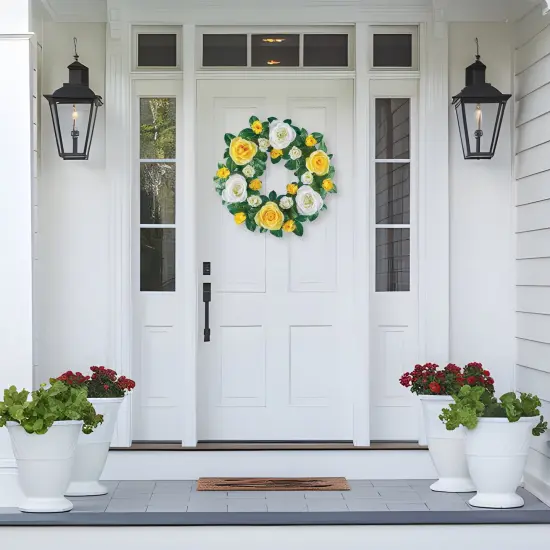 Collections Etc Artificial Yellow and White Roses Hanging Wreath {6}