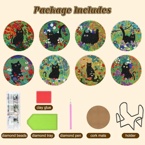 8 Pcs Black Cat Coaster Kits With Holder - Cats {2}