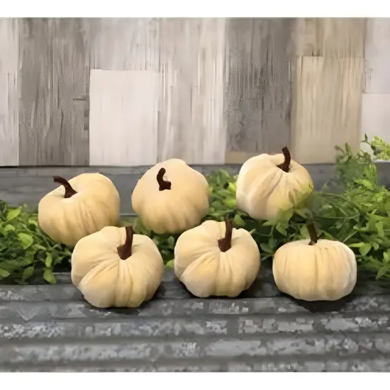 Ivory Velvet Mini Pumpkin Set of 6 with Plastic Stems, Soft Fall Decor {3}
