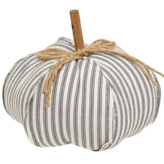White and Grey Striped Fabric Pumpkin Decor with Jute Bow and Stick Stem Rustic Fall Accent {2}