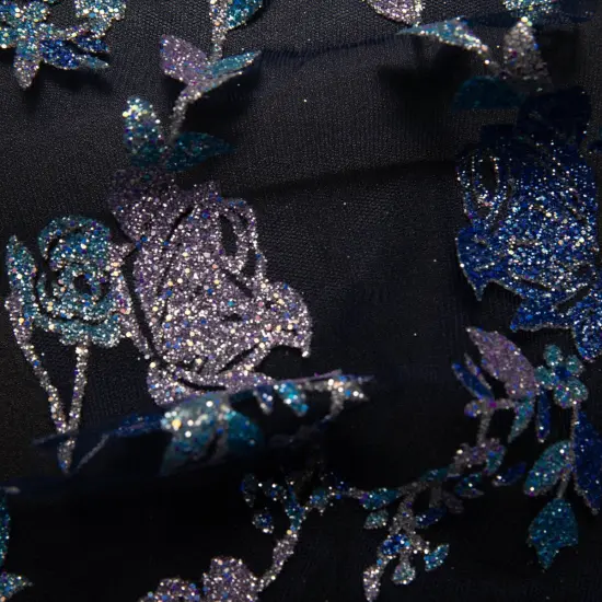 1 Yard Tulle Lace Fabric with Multicolor Glitter Floral Design, 58&Prime; Wide Purple {5}