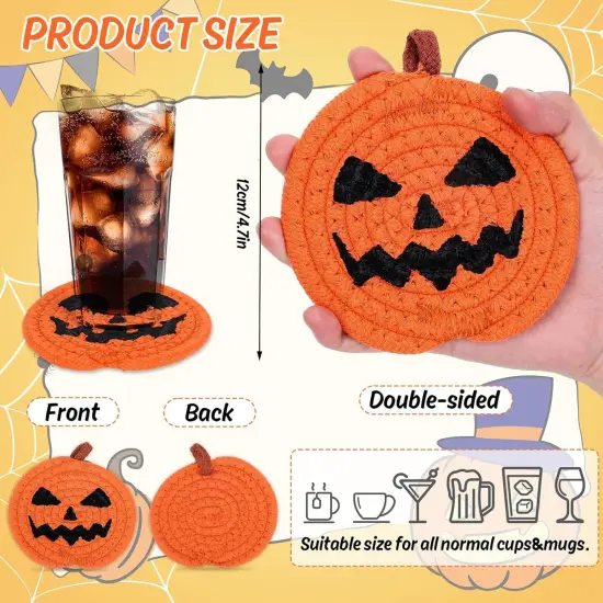 4Pcs Halloween Pumpkin Handmade Braided Cotton Coasters, 4.7 Inch {2}