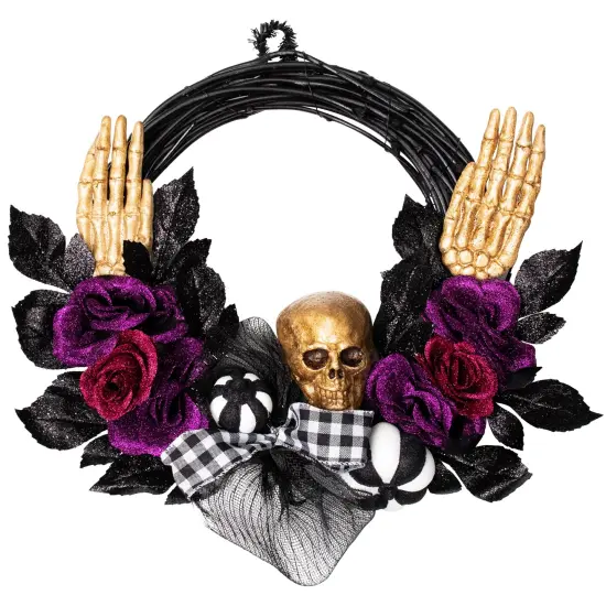 Northlight Skeleton with Glittered Roses Artificial Halloween Twig Wreath - 22" - Unlit Black {3}