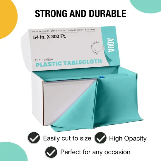  Party Solids 54" x 300' Plastic Table Cover Roll with Slide Cutter &ndash; Cut-to-Size Dispenser Box &ndash; Makes Up to 36 Disposable 8' Rectangle Tablecloths by Exquisite Aqua {3}
