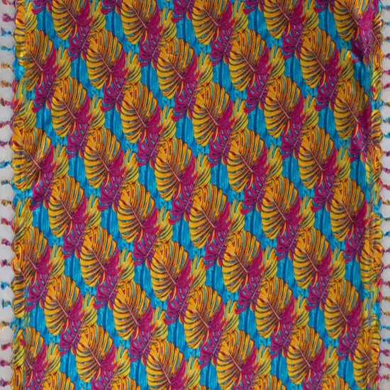 72" L x 45" W Split Leaf Rayon Sarong with Fringes Fabric Dark Turquoise {1}