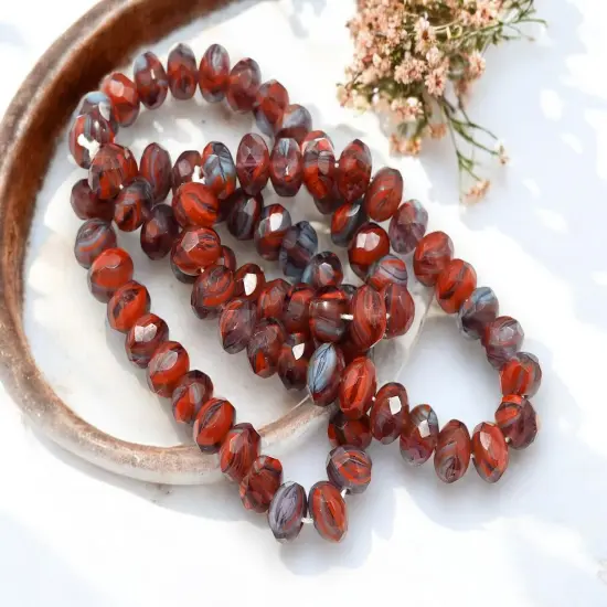 *25* 6x9mm Blended Burnt Orange + Denim Blue Fire Polished Rondelle Beads {4}