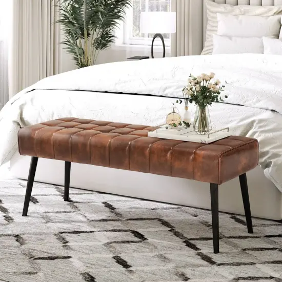 Modern Bedroom Bench with Tufted PU Leather Seat and Tapered Metal Legs for 3 Seating Brown {1}