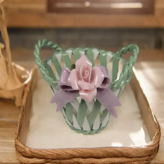 Ceramic Weaved Basket with Pink Rose Flower, Gift for Her, Gift for Mom, Home Decor, Vanity Decor {1}