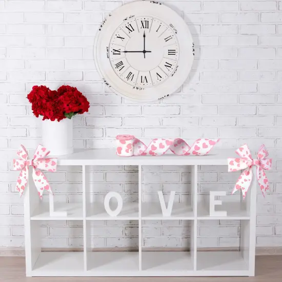 2 Rolls 12 Yards Valentine's Day Burlap Wired Ribbon Heart Printed Love Ribbon Edge Ribbon 2.5 Inch Patterned Hearts for Favor Wrapping Wreaths Craft Prensent Wrapping Decorative Bow (Pink and White) {3}