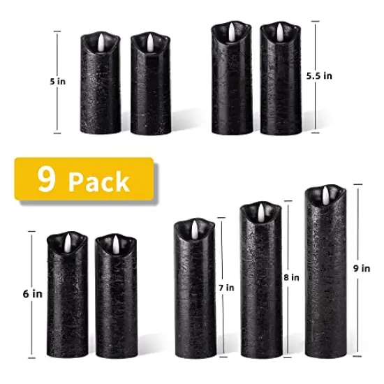 Set of 9 Black Regular Textured Flameless Candles Battery Operated LED Real Wax Flickering Electric Candles with Remote Control Timer for Wedding Birthday Halloween Christmas Decorations {1}