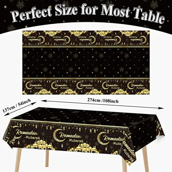 3 Pieces Ramadan Mubarak Tablecloths Eid Mubarak&nbsp;Party Table Decorations Ramadan Kareem Party Decorations Supplies Black and Golden&nbsp;Rectangle&nbsp;Table&nbsp;Cover&nbsp;for Eid Al-fitr Dinning Room Party Favors {1}