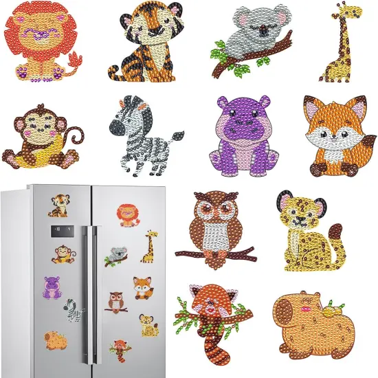 Diamond Painting Magnets Refrigerator - 12 PCS DIY Cute Animal Diamond Art Fridge Magnets Kit with Lion Tiger Koala Monkey Giraffe Zebra Fox Pattern DIY Home Decor for Adults Beginners {1}
