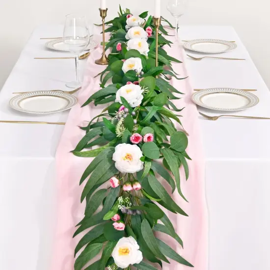 Flower Garland with Lights, Greenery Floral Garland with Camellia Rose Buds Fake Flowers for Wedding Arch Party Tables Mantle Backdrop Room Decor {4}