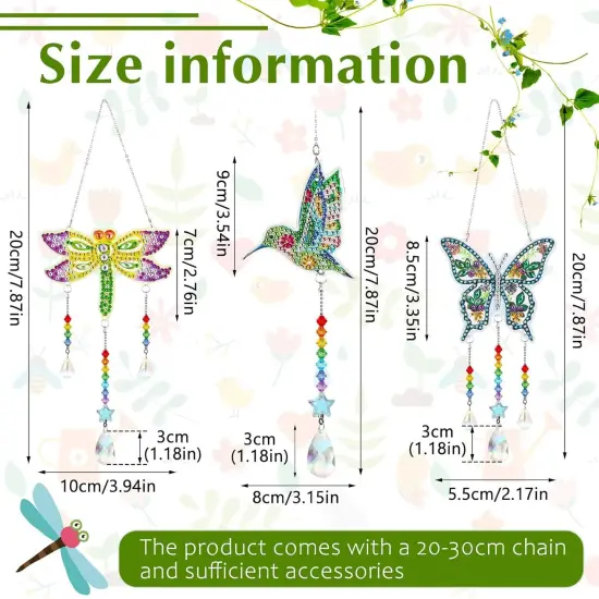 3 Pieces Painting Suncatcher Wind Chime Diamond Art Kits Double Sided Crystal Gem Paint by Number Hanging Ornament for Adults DIY Window Home Garden (Dragonfly, Butterfly, Hummingbird) {2}