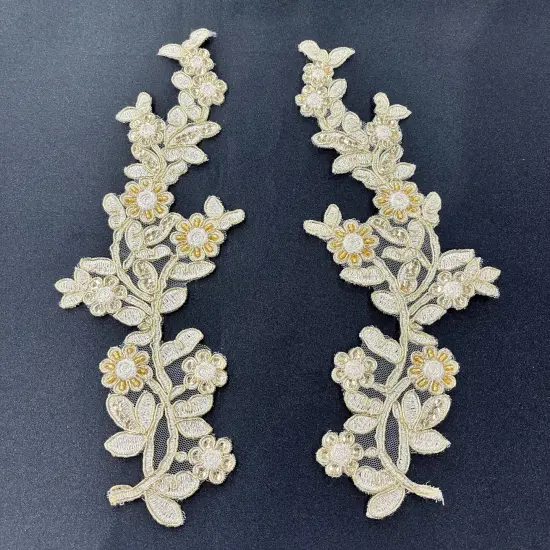 1 Pair Beaded & Corded Floral Lace Applique Embroidered on 100% Polyester Mesh 10" x 3" Each Side Ivor {3}