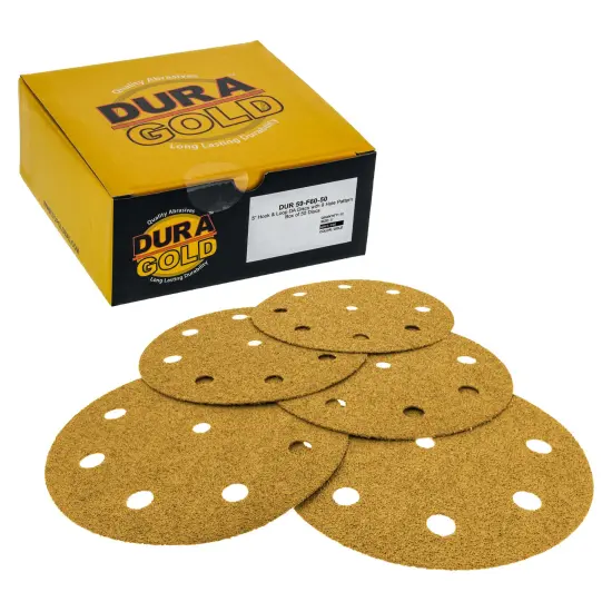 60 Grit - 5" Gold DA Sanding Discs - 9-Hole Pattern Hook and Loop - Box of 50 {1}