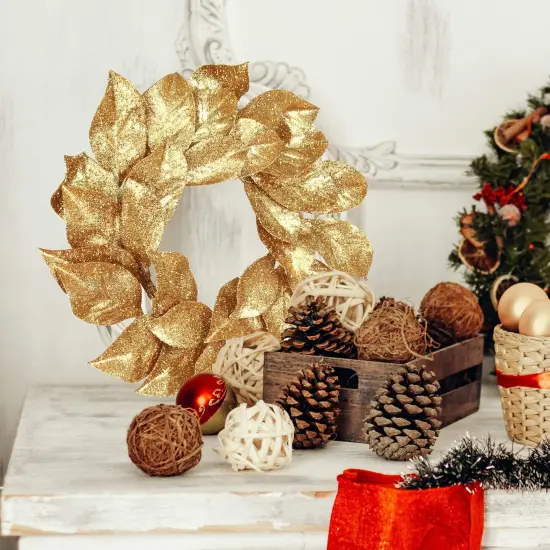 Gold Magnolia Leaf Christmas Wreath with Glitter Accents, 24" Holiday Door Decor, Indoor/Outdoor - 2024 Christmas Collection, Floral Home by Artificial Flowers {2}