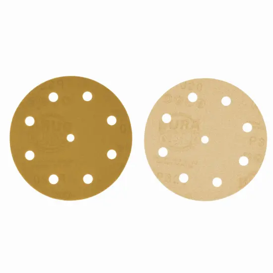 320 Grit - 5" Gold DA Sanding Discs - 9-Hole Pattern Hook and Loop - Box of 50 {2}