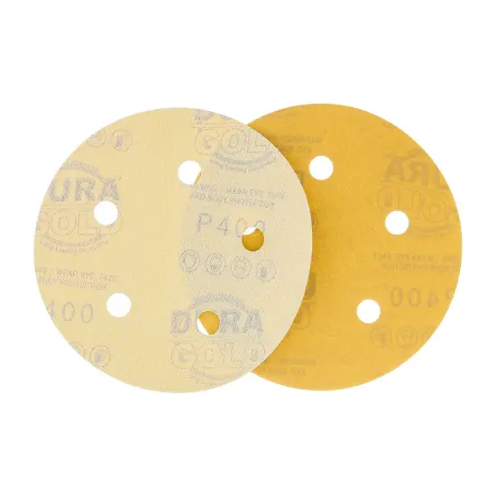 400 Grit - 5" Gold DA Sanding Discs - 5-Hole Pattern Hook and Loop - Box of 50 {4}