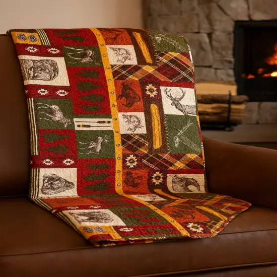 Keaton Forest Bear Deer Moose Patchwork Cotton Throw Blanket 48" x 60" {4}
