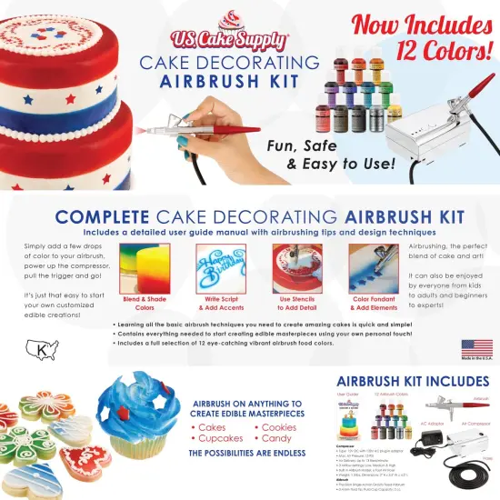 Complete Cake Decorating Airbrush Kit with a Full Selection of 12 Vivid Airbrush Food Colors {2}
