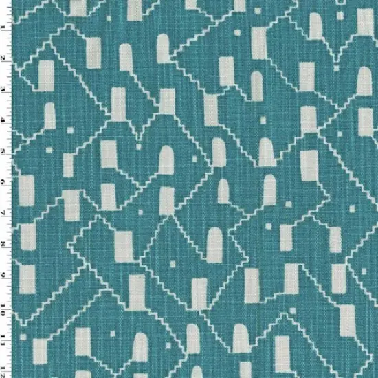 White/Deep Teal Blue Stairs Printed Canvas Decor Fabric By the Yard {1}