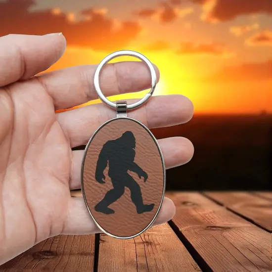Keychain - Oval/Metal - Bigfoot Sasquatch - Leather Pink/Black {3}