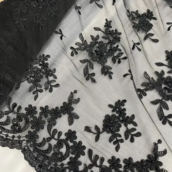 1 Yard Luxurious Beaded and Corded Bridal Lace Fabric Embroidered on 100% Polyester Net Mesh 52 inch Width Black {7}