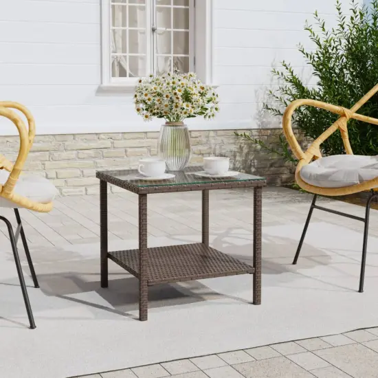 vidaXL Side Table Brown 17.7"x17.7"x17.7" Poly Rattan and Tempered Glass {1}