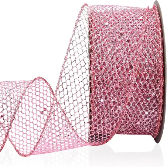 Pink Glitter Mesh Ribbon for Gift Wrapping Bow Making Pink Web Mesh Wired Mesh Ribbon {1}