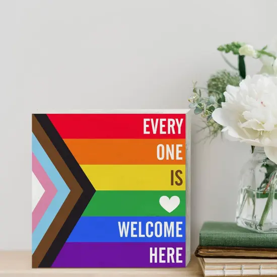 Rainbow Everyone is Welcome Here Wooden Box Sign Desk Decor LGBTQ Gay Pride Flag Wood Block Plaque Box Signs Gift for Home School Shelf Table Decoration (5 X 5 Inch) {3}
