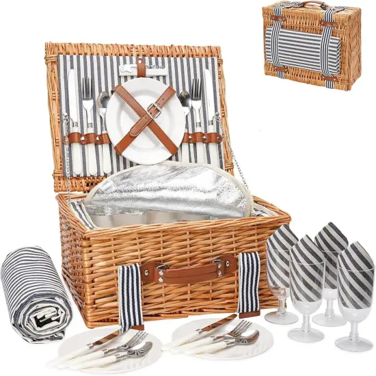 Wicker Picnic Basket Set for 4 Persons with Blanket,Handmade Willow Picnic Basket with Insulated Cooler & Cutlery Kit, Gift Basket {1}