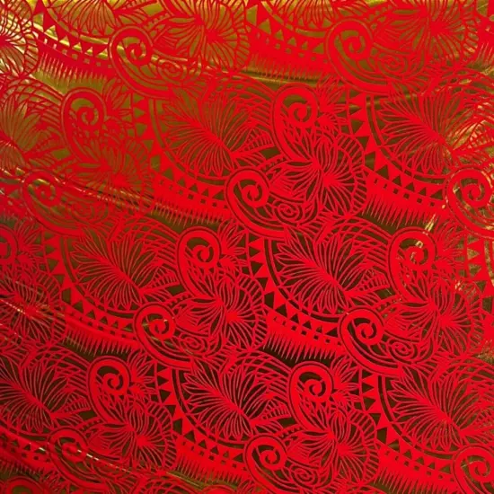 1 Yard Palm Leaves Traditional Tattoo Foil Fabric, 36" x 60" Foil Printed Polyester Red & Gold {1}