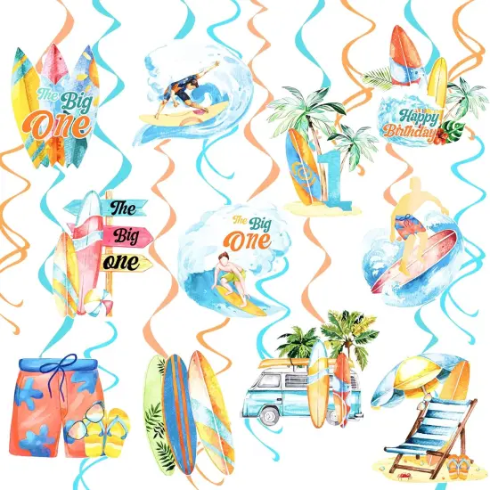 Summer Surfing Party Hanging Swirls Vintage Surfing Birthday Decoration Surfboard Themed Swirl Ceiling Summer Beach Surf Party Hanging Streamer for Hawaii Party The Big One Surf Party Supplies {1}