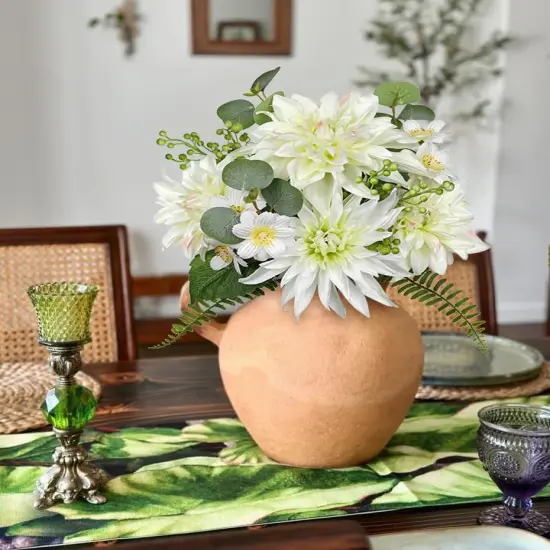 Summer Artificial Dahlia Flowers 14.1" &ndash; Realistic White Silk Dahlias & Daisies &ndash; Faux Floral Arrangement for Vase, Tabletop Decor, Wedding, DIY Bridal Bouquet, Party & Home D&eacute;cor {4}