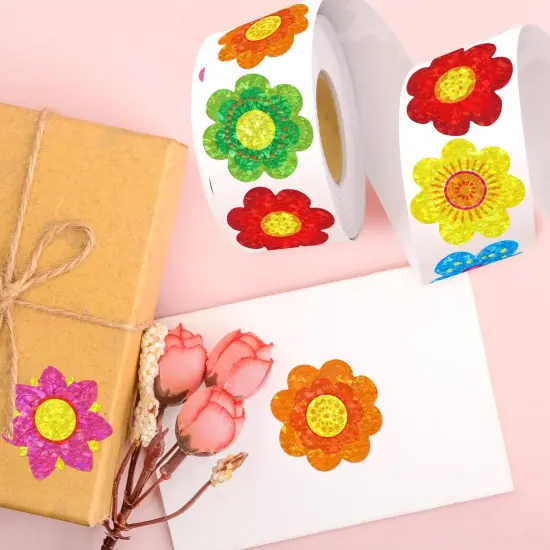 500Pcs Glitter Flower Stickers for Kids Spring Summer Foil Shiny Floral Label Roll Sticker for Envelopes Cards Party Supply Decoration Teacher Reward {4}