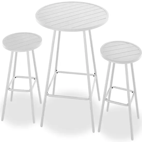 Best Choice Products 3-Piece Steel Patio Bar Height Round Bistro Set w/ Backless Stools, Slatted Design White {1}