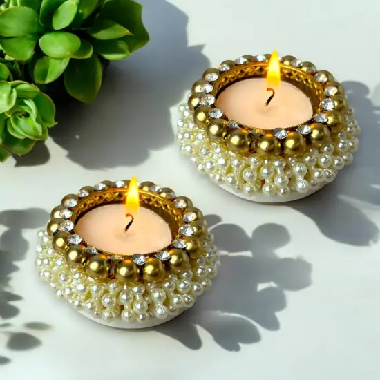 Pearl Tealight Candle Holder Festival of Light Decorative T-light Holder for Diwali Navratri Christmas Thanksgiving Housewarming Gift Candle Stand for Centerpiece Dining Table Home Decor {2}