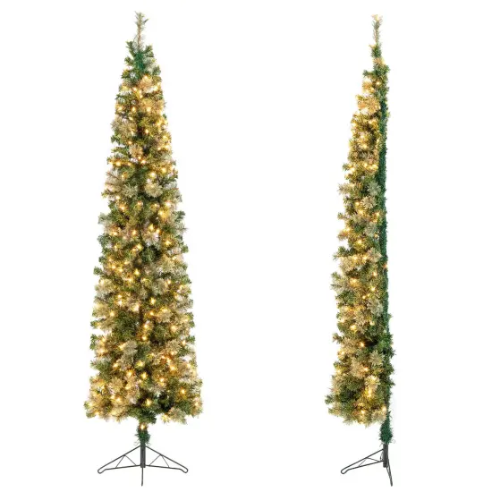 Costway 7ft Pre-lit PVC Artificial & Pine Needles Half Christmas Tree w/ 450 Branch Tips & 150 Lights {9}