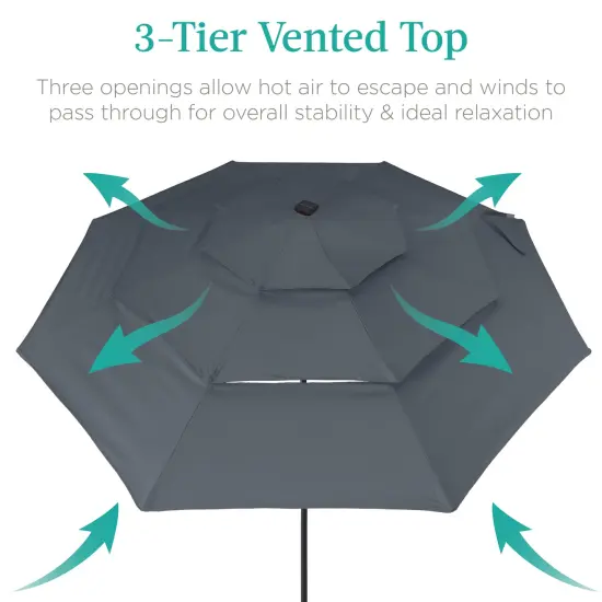 Best Choice Products 10ft 3-Tier Solar Patio Umbrella w/ 24 LED Lights, Tilt Adjustment, Easy Crank Slate {2}