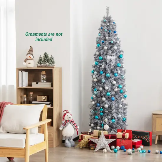 Costway 7 FT Pre-Lit Christmas Tree Hinged Slim Pencil w/ 350 LED Lights 670 Branch Tips {3}