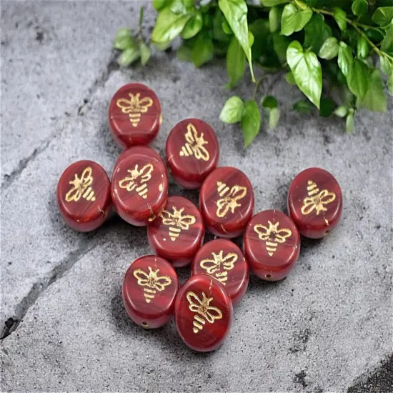 *12* 12mm Gold Washed Red Opaline Bee Coin Beads {1}